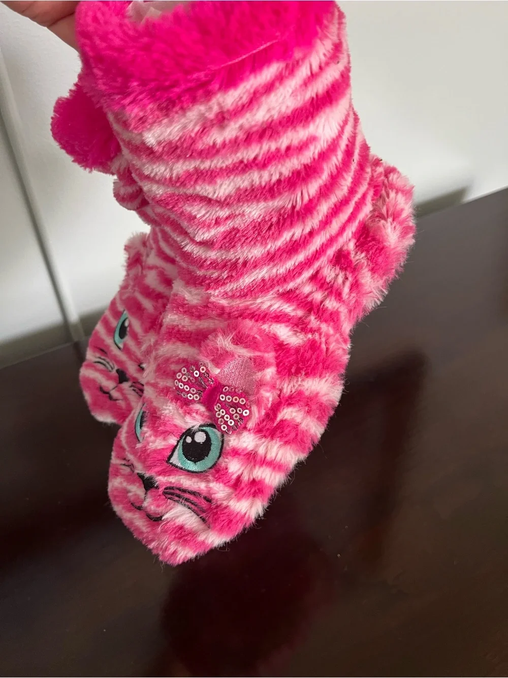 Fuzzy Pink Cat Slipper Socks for Kids - Cute Bow Detail